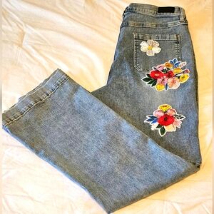 Nicole Miller Jeans Sz 14 Womens Nomad Patches High Rise Bell Bottom Faded Denim